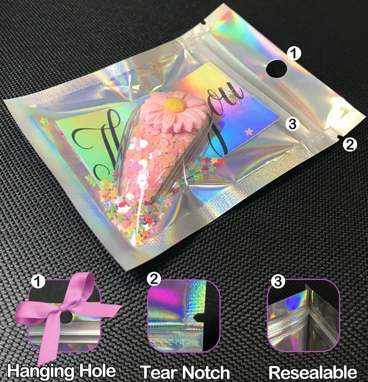 Resealable Foil Pouch Bag [100 PCS ] Great for Party Favor Food Storage (Holographic Color, 3 x 4