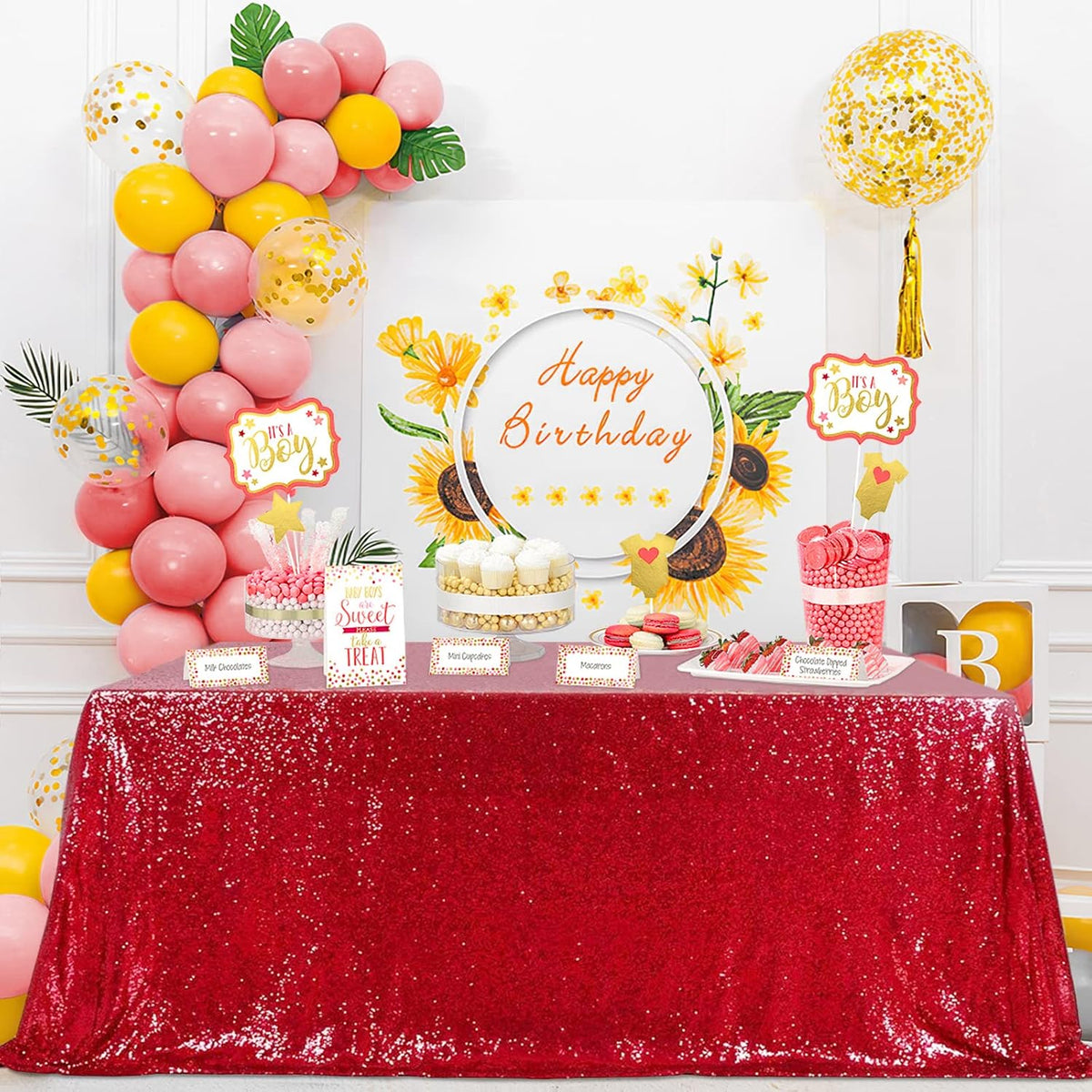 QueenDream Sequin Tablecloth 90"x156" Red Tablecloth Rectangular Party Tablecloth for Christmas