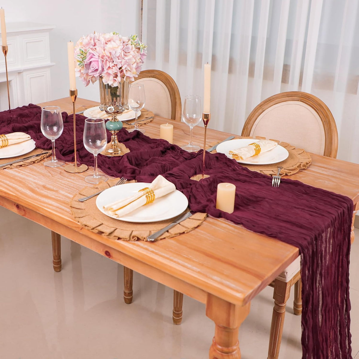 Snowkingdom 10 Ft Burgundy Red Fall Thanksgiving Cheesecloth Table Runner, Cheese Cloth Boho Rustic