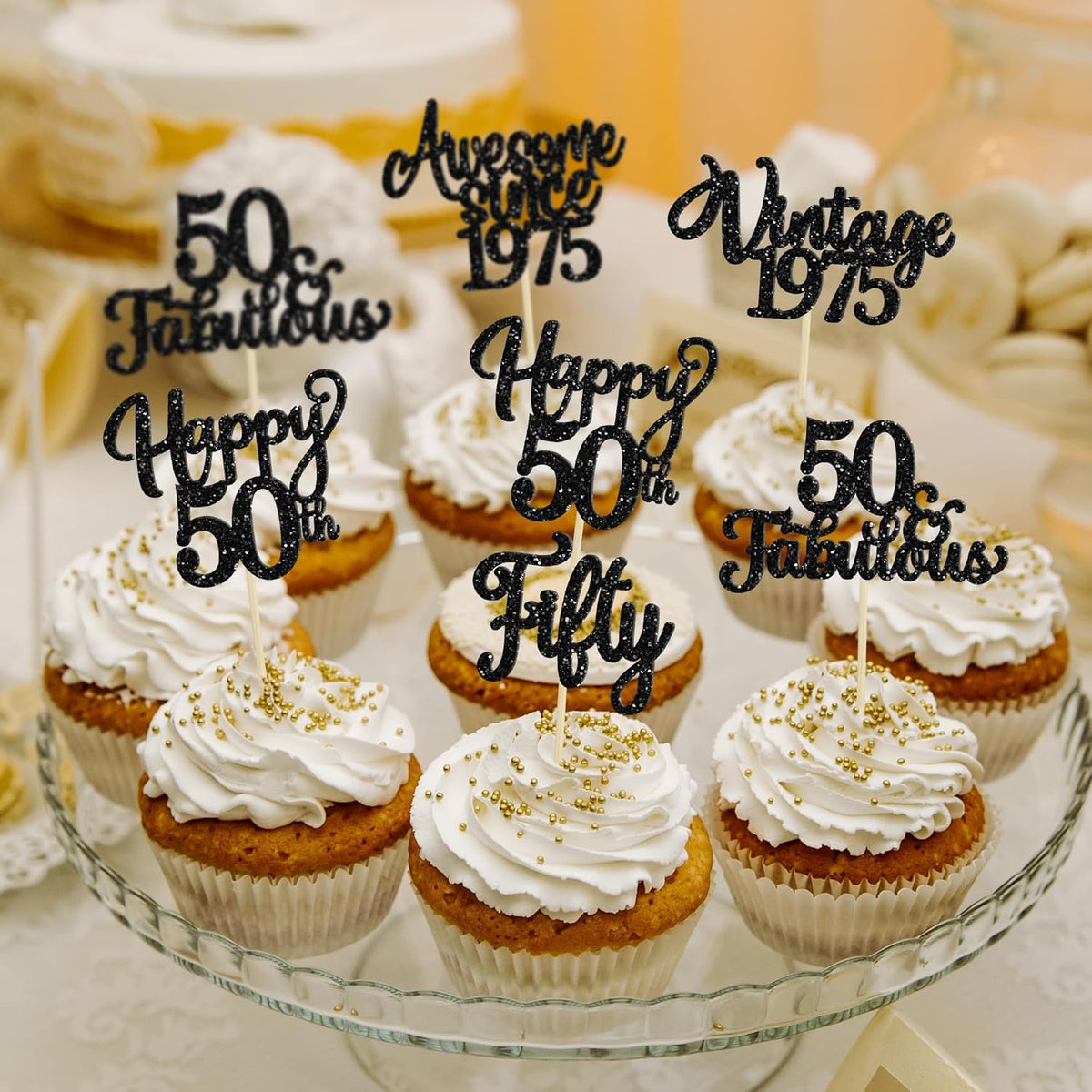 30Pcs Happy 50th Birthday Cupcake Toppers Glitter Fifty Vintage 1975 Cupcake Picks Cheers to 50