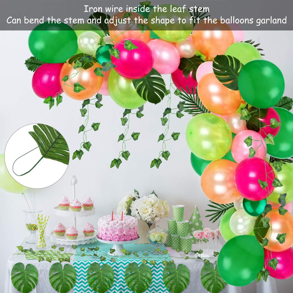 FEPITO 124Pcs Tropical Balloons Garland Kit - Pink Green Balloon Arch With Palm Leaves, Tape Strip