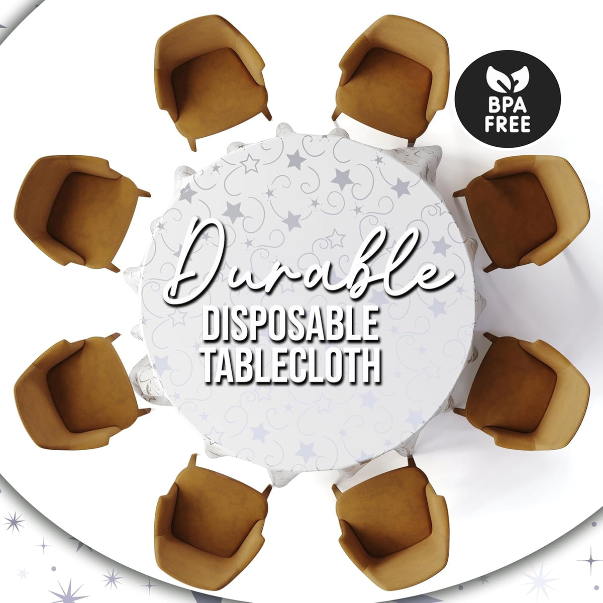 Exquisite Silver Star Tablecloth Plastic 12-Pack Disposable Round Tablecloths 84" Silver Star Table