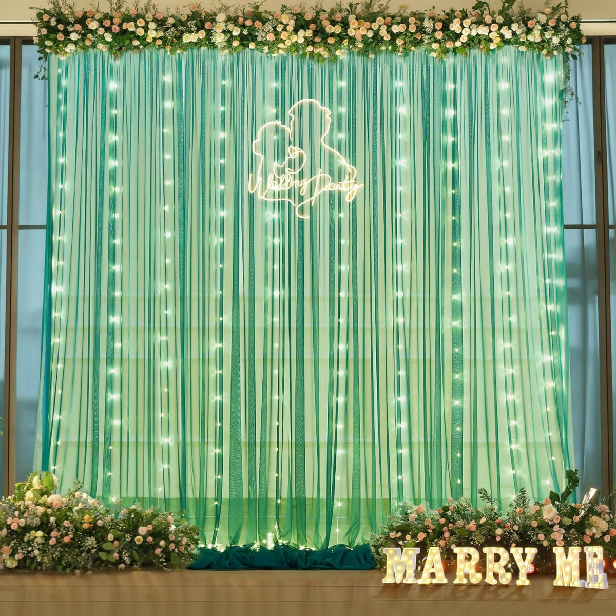 Hunter Green Tulle Backdrop Curtains with Lights String for Parites 10x8ft Sheer Backdrop Curtains