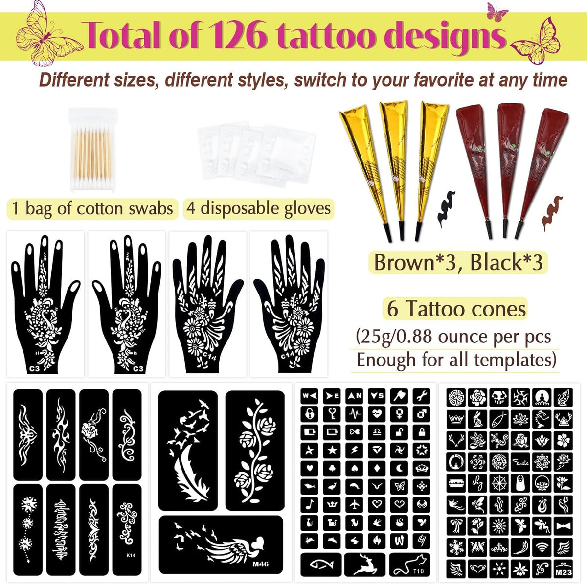126 PCS Temporary Tattoos Stencils Kit,Temporary Tattoos Kit - 6 Pcs 2 Color(Brown Black) Ink with