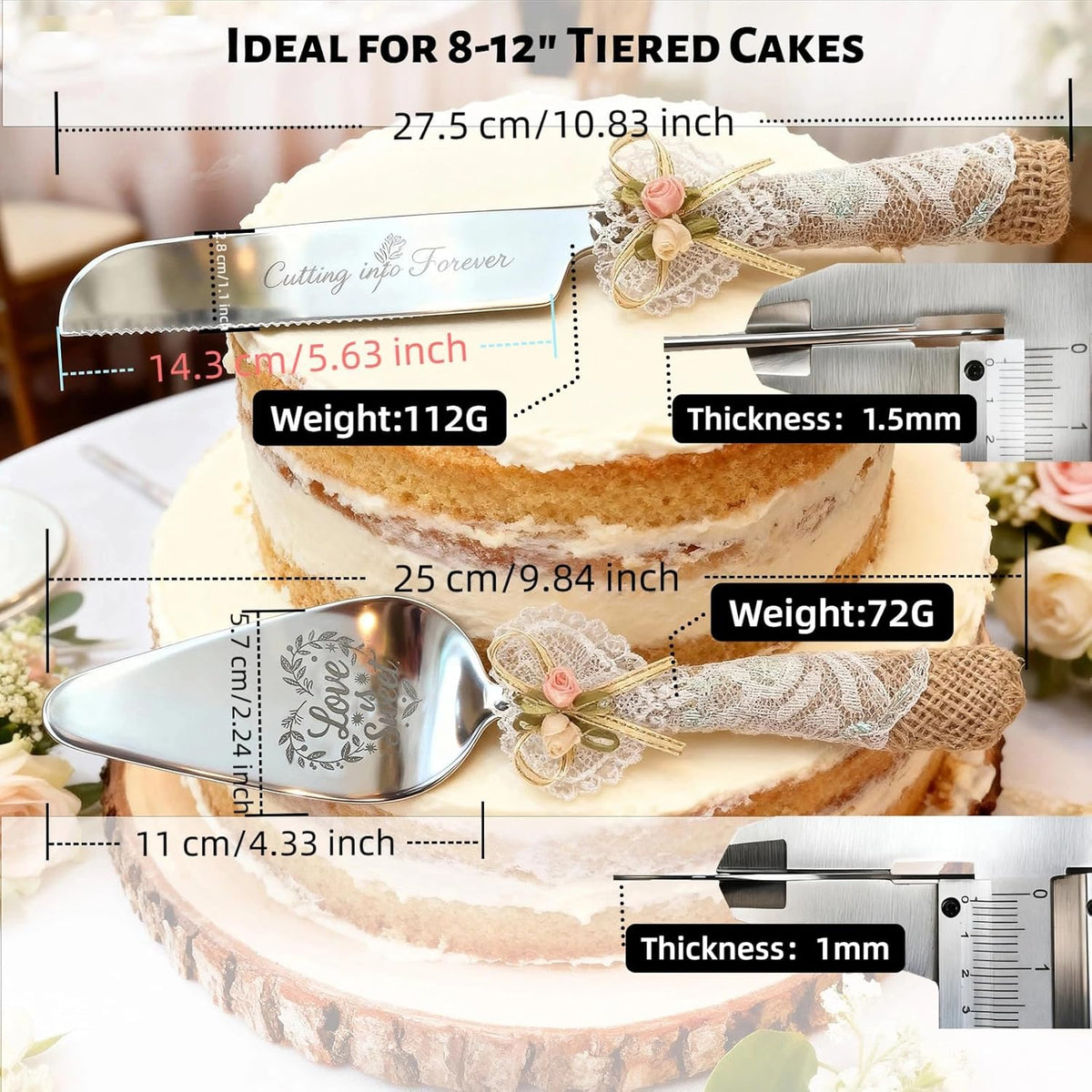 Wedding Cake Knife and Server Set – Rustic Lace Burlap Handle, Stainless Steel Blades, Vintage