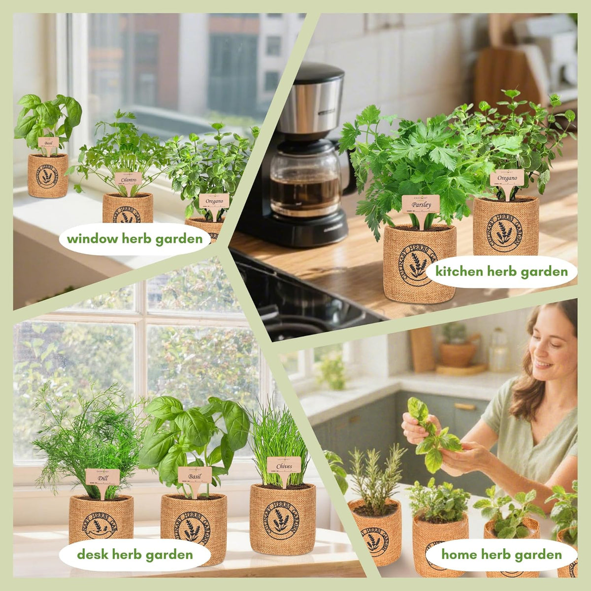 10 Indoor Herb Garden Kit- Burlap Pots, Organic Seeds, Herb Garden Planter Indoor Kit, Easy Window