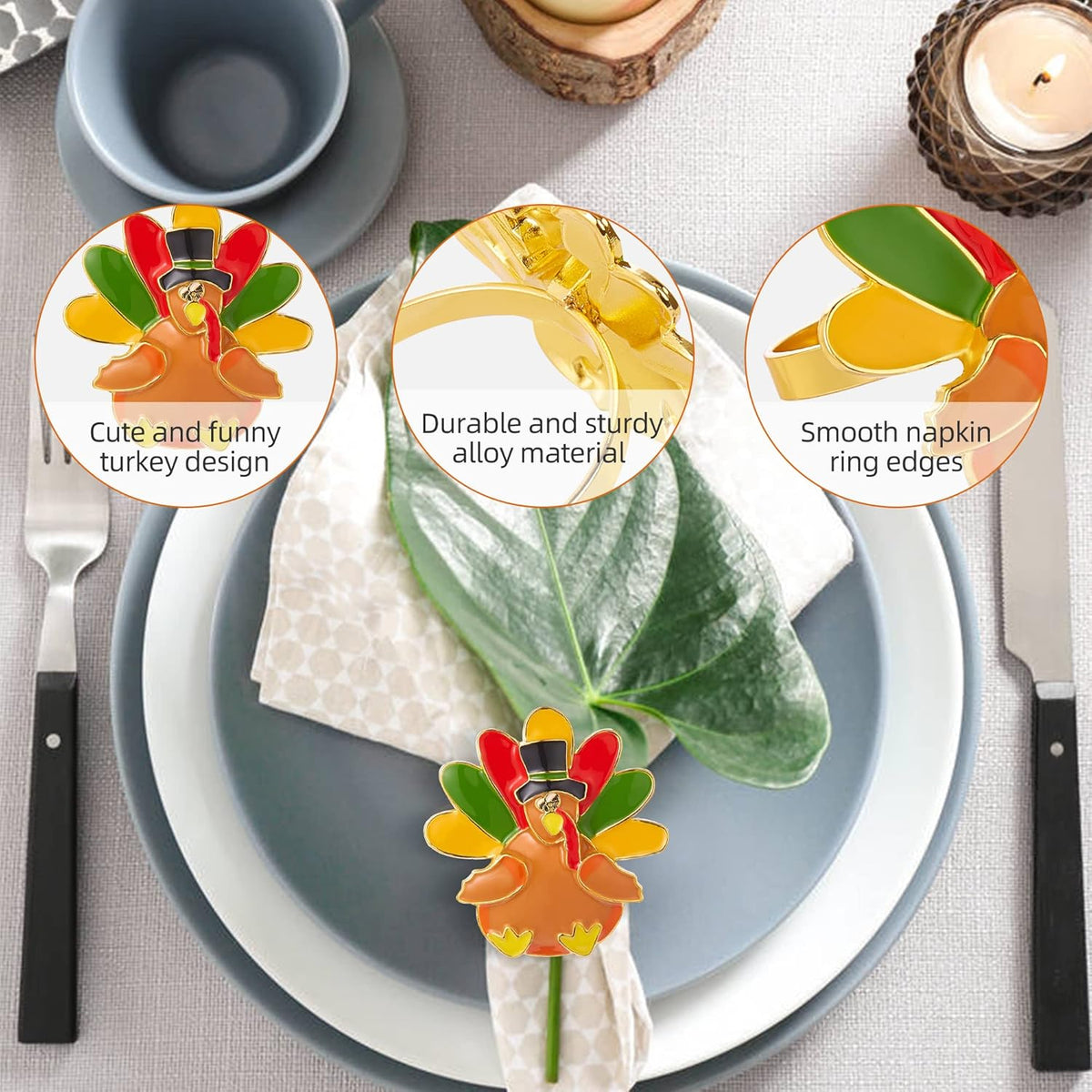Halatool 8 PCS Thanksgiving Day Turkey Napkin Ring Funny Metal Festival Napkin Holders for Dinner