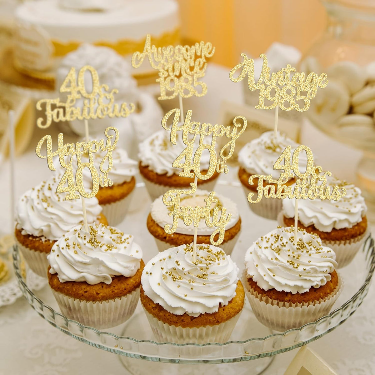 30Pcs Vintage 1985 Cupcake Toppers Glitter Forty Happy 40th Birthday 40 Fabulous Cupcake Picks