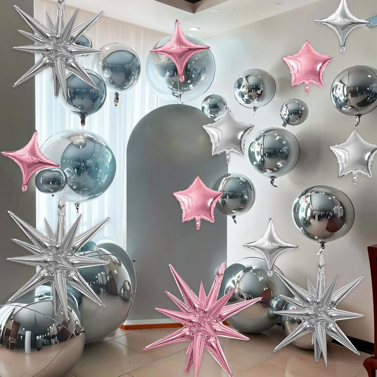Pink Silver Star Balloon,16Pcs Star Foil Balloons Set with 22Inch Explosion Spike Cone Balloons and