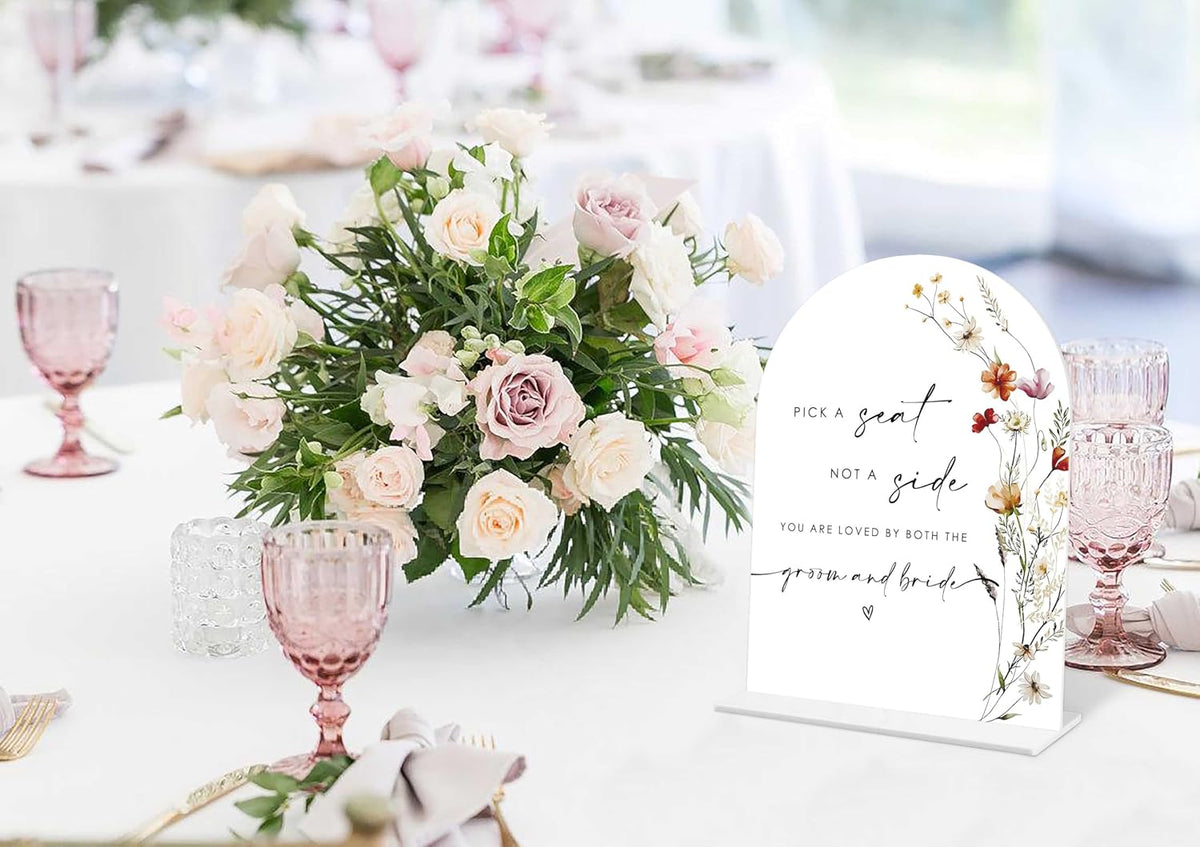 Boho Floral Pick a Seat Not a Side Sign, 6 x 8 Inch White Arch Acrylic Wedding Sign with Holder