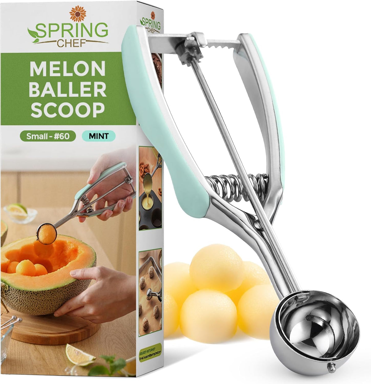 Spring Chef - Mint Small Cookie Scoop for Baking, Multifunctional #60 Melon Baller with Trigger