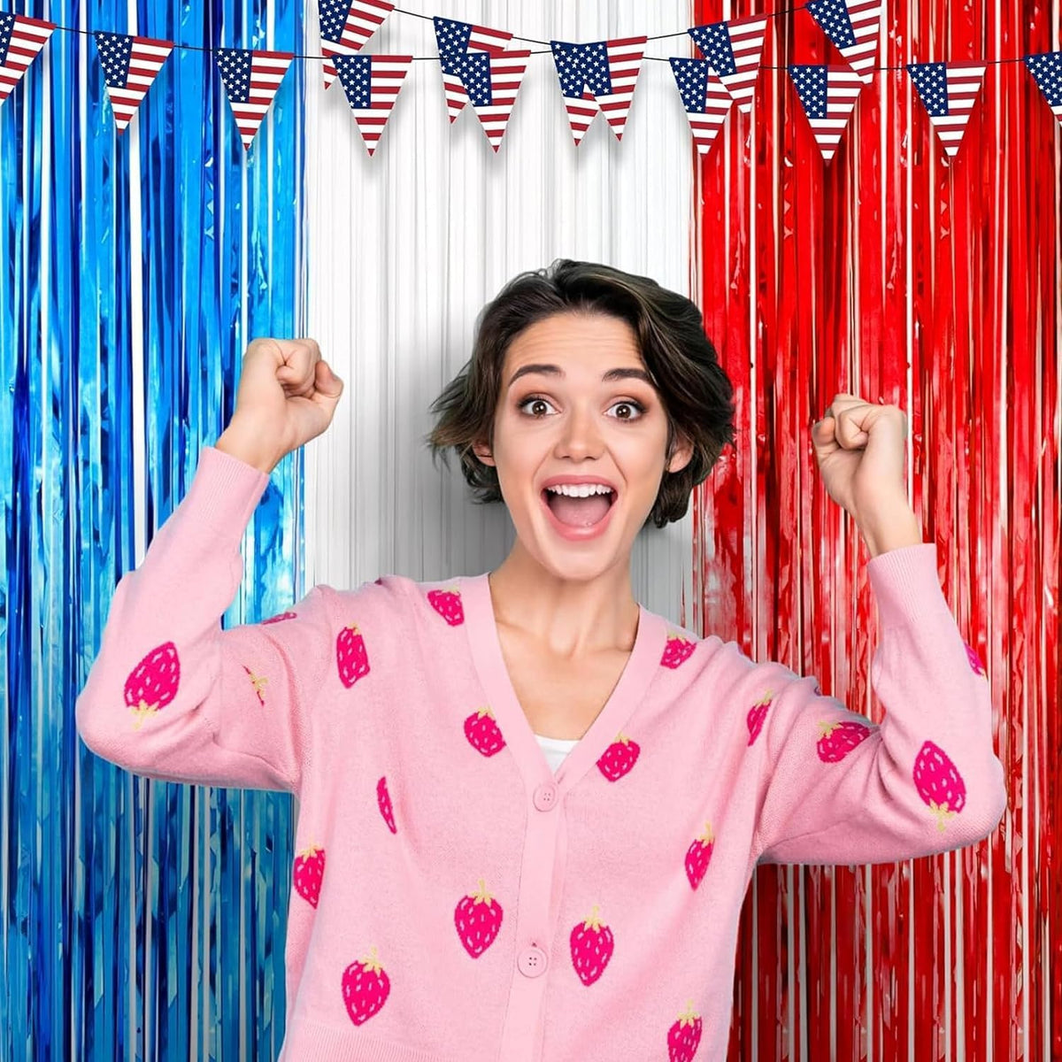2 Pack Red White and Blue Tinsel Foil Fringe Curtains, 4th of July Decorations, Metallic Tinsel