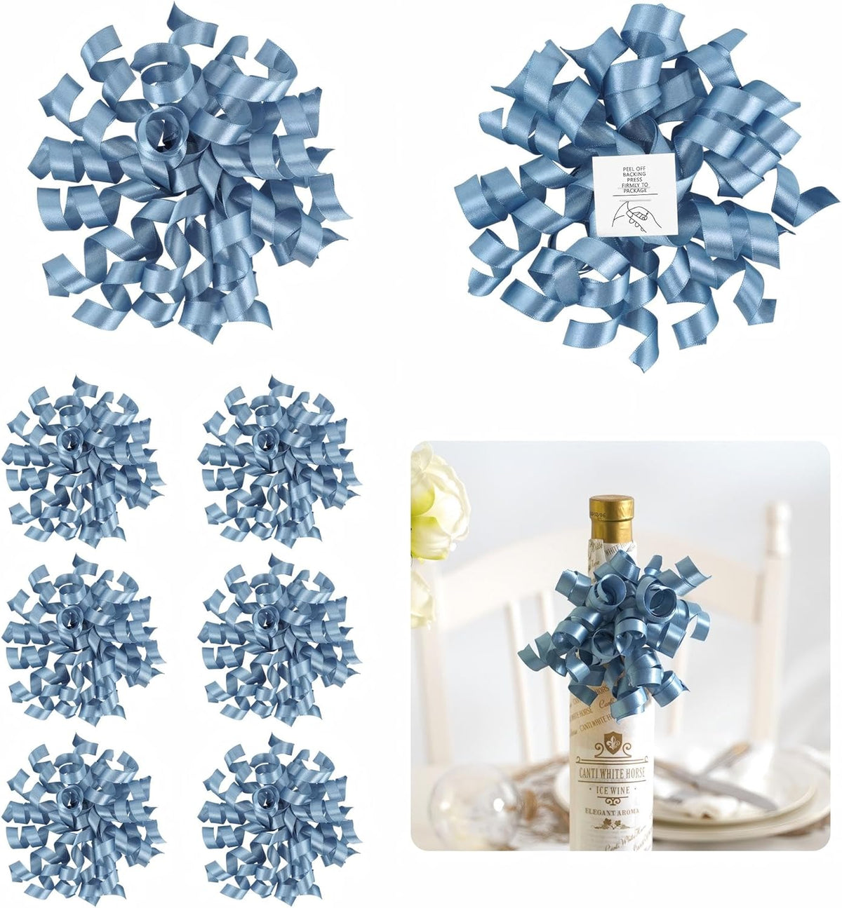 5'' Dusty Blue Bows Curly Ribbon Bows for Gift Wrapping, Satin Bows with Double-Sided Tape, Self