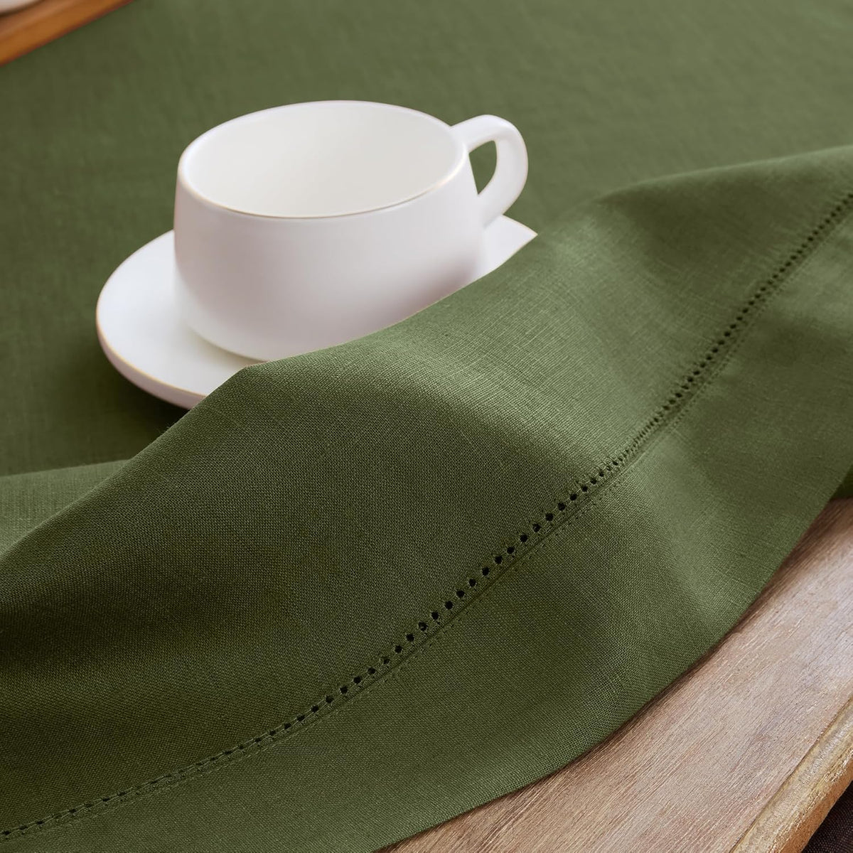 Solino Home Olive Linen Tablecloth 60 x 120 Inch - 100% Pure Linen Hemstitch Table Cloth for