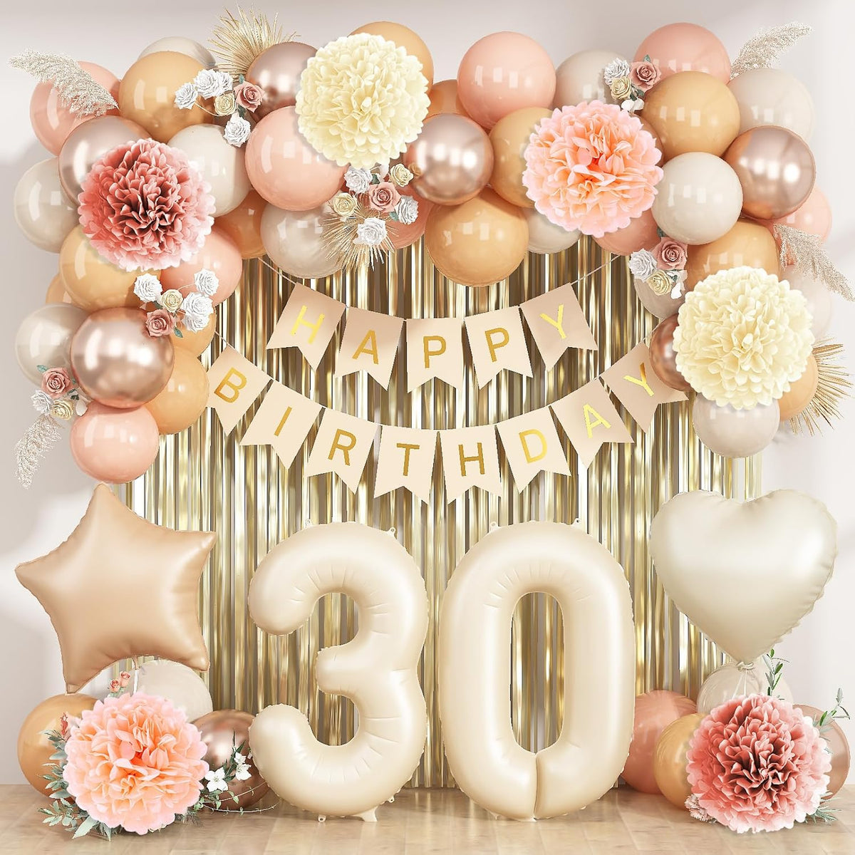 Beige 30th Birthday Decorations for Her Cream Number 30 Balloon Nude Gold Happy Birthday Banner