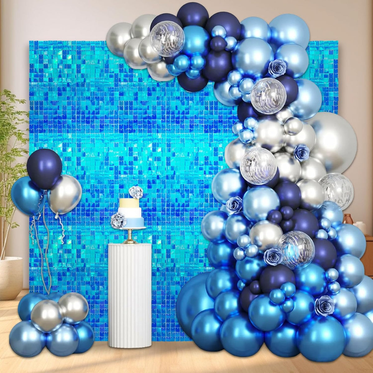 24PCS Colorful Lake Blue Shimmer Wall Backdrop, Square Sequin Photo Backdrops Panel, Glitter Wall