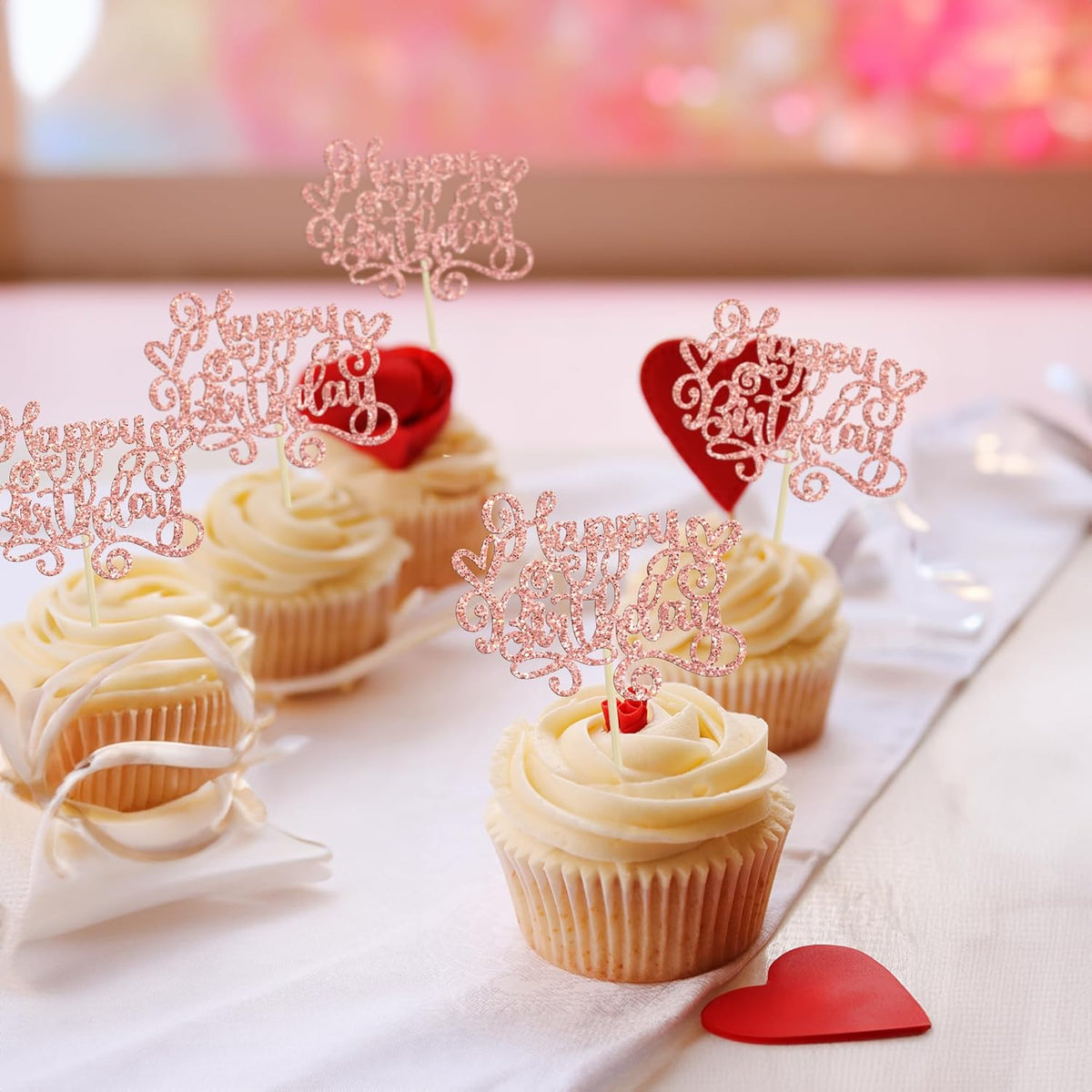 Gyufise 24Pcs Happy Birthday Cupcake Toppers Glitter Happy Birthday Cupcake Picks for Celebrating
