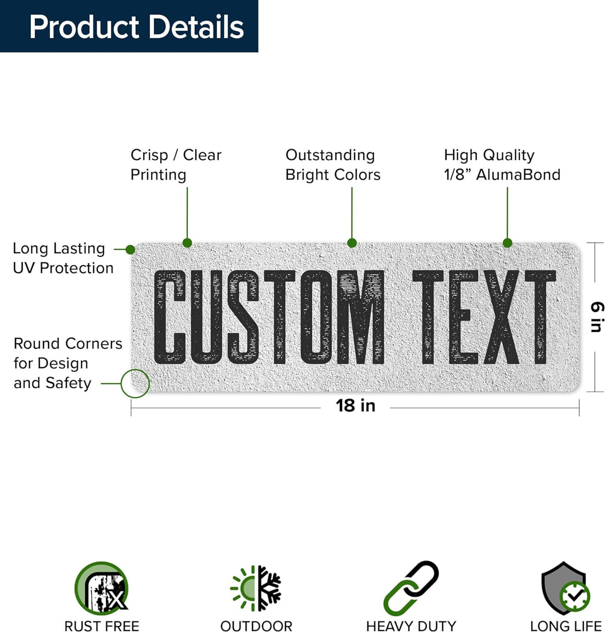 Custom Sign, Custom Street Sign, 11 Font Colors, 13 Font Styles, 4 Hole Options, 22 Sizes, 6x18