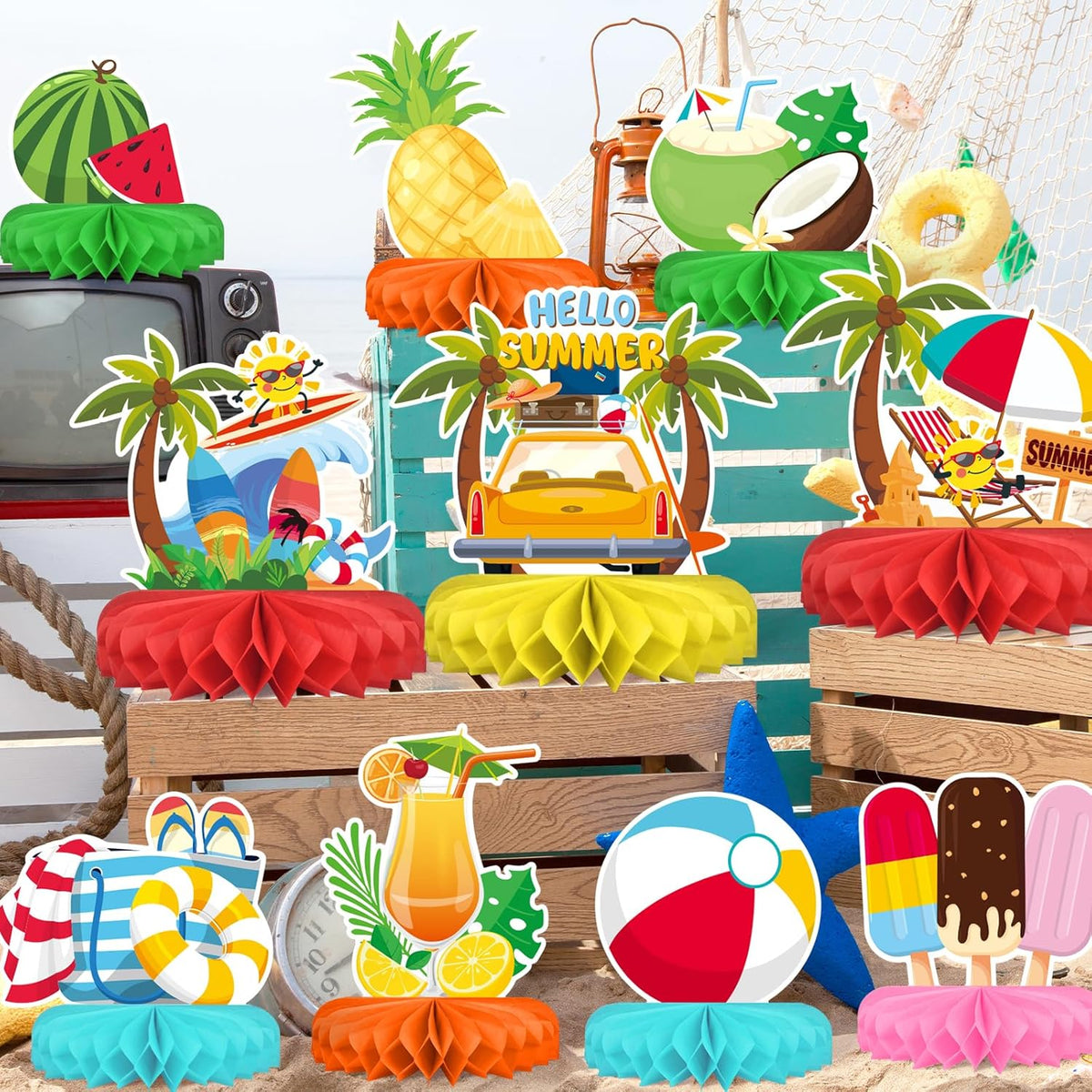 Beach Party Decorations Kit - Beach Themed Honeycomb Centerpieces and Table Decor for Summer & Pool