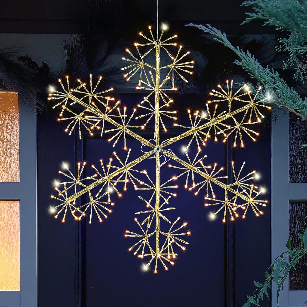 30’’ Christmas Snowflake Lights Outdoor, Pre-lit 240Pcs Warm White LEDs Hanging Golden Snowflake