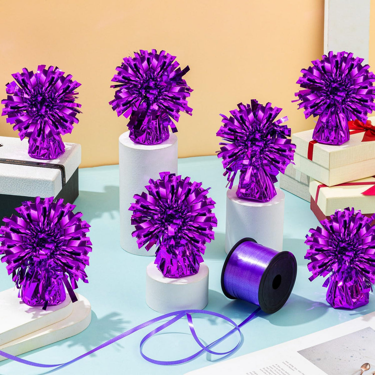 24 PCS Balloon Weights Metallic Anchor, Balloon Holder Heavy Weights with 1 Roll Purple Crimped