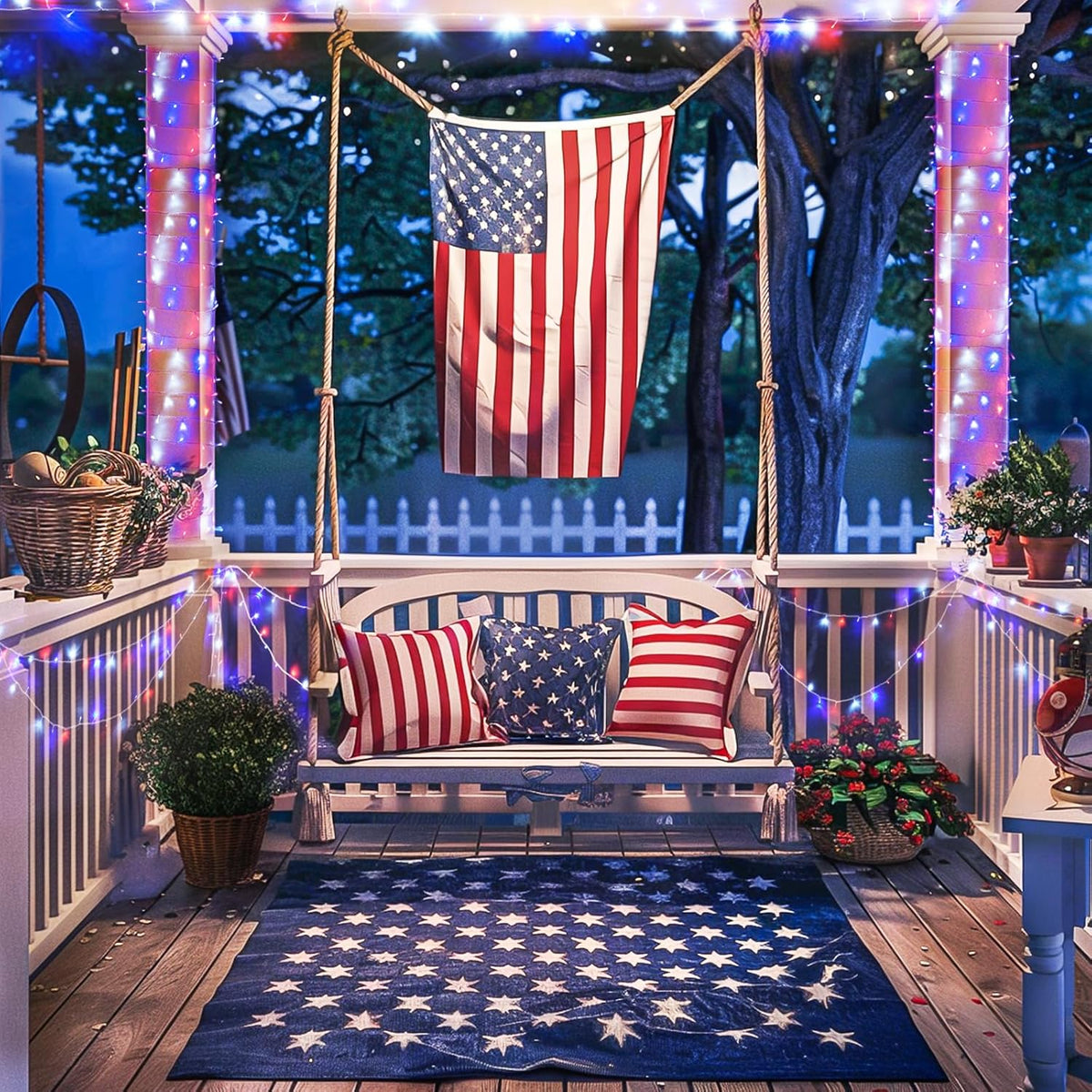 JMEXSUSS 600 LED Red White and Blue Lights Outdoor Plug in, 4th of July Decorations Outdoor Lights