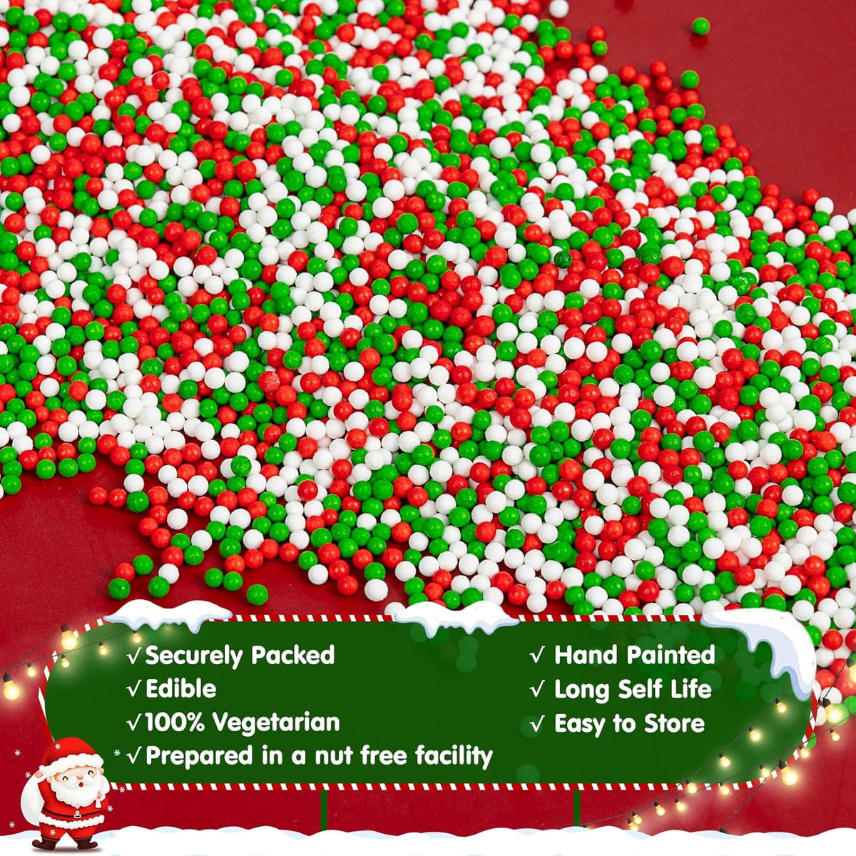 Christmas Nonpareils Sprinkles for Cake Decorating,130g White Red and Green Mini Pearls Mix,Edible