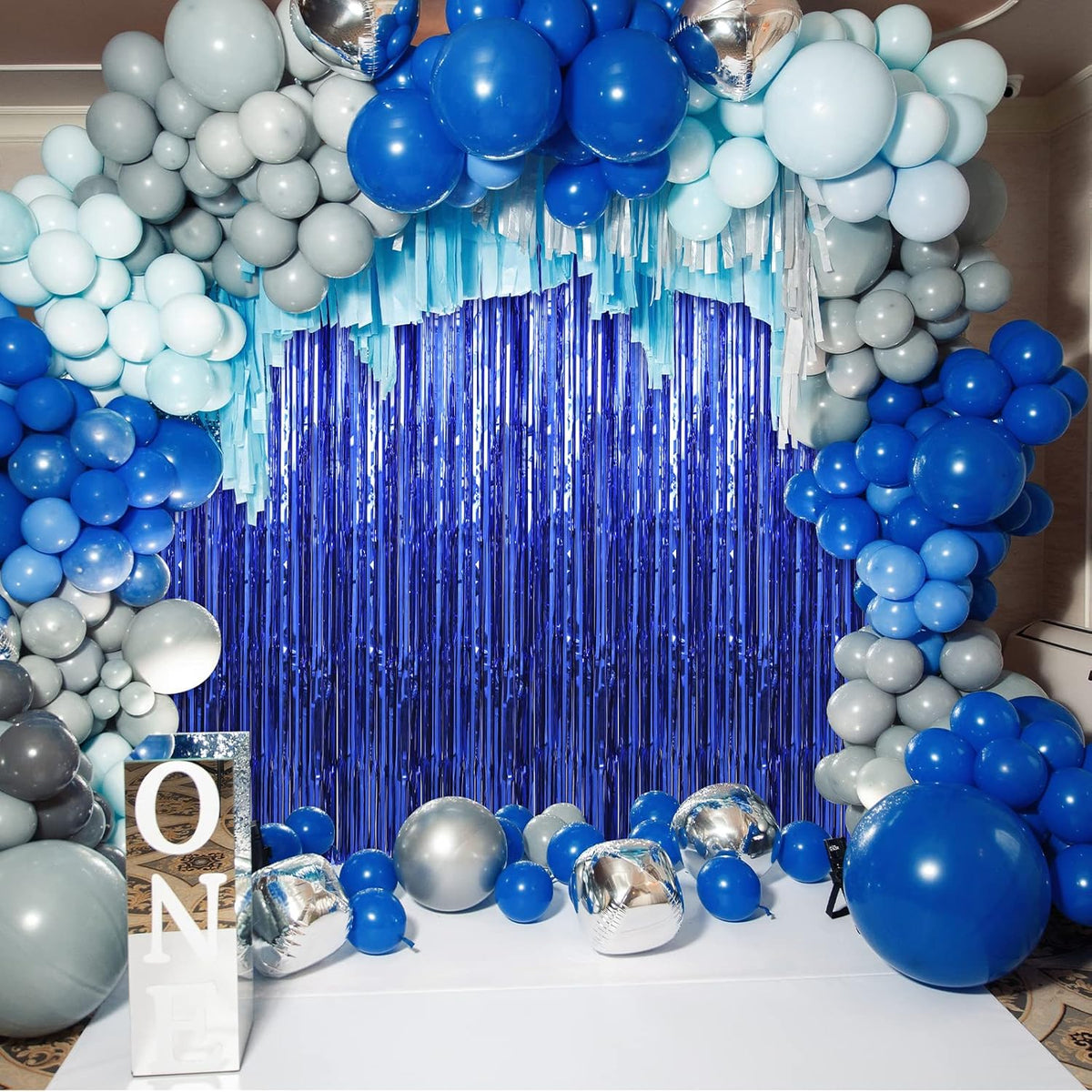 Crosize 7 Pack 3.3 x 9.9 ft Dark Blue Foil Fringe Backdrop Curtain, Streamer Backdrop Curtains