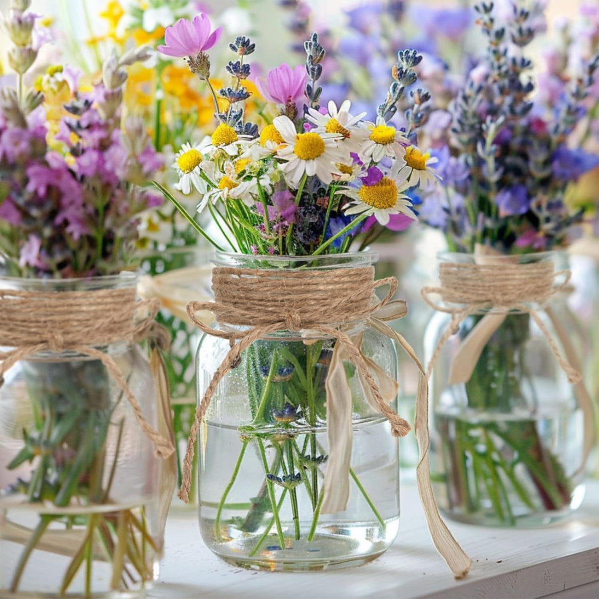 Vintage Glass Flower Vase，24 Pack Farmhouse Transparent White Glass Centerpiece Vases Mason Jars