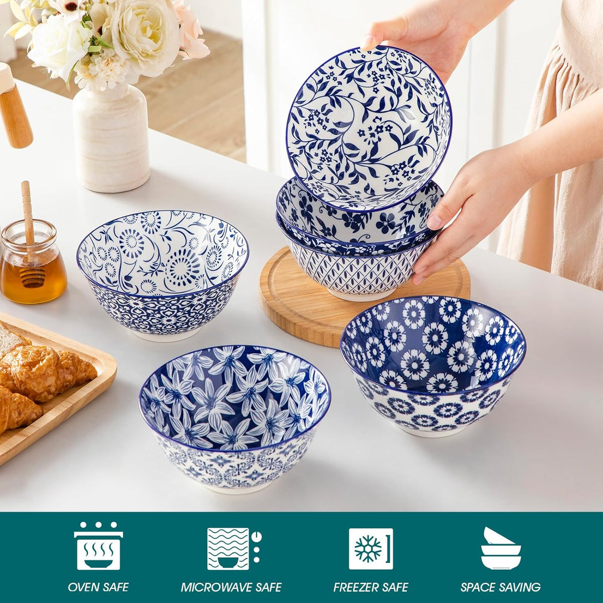 vancasso SELENE 24 oz Cereal Bowls set of 6, Ceramic Soup Bowls for Kitchen, Dishwasher & Microwave