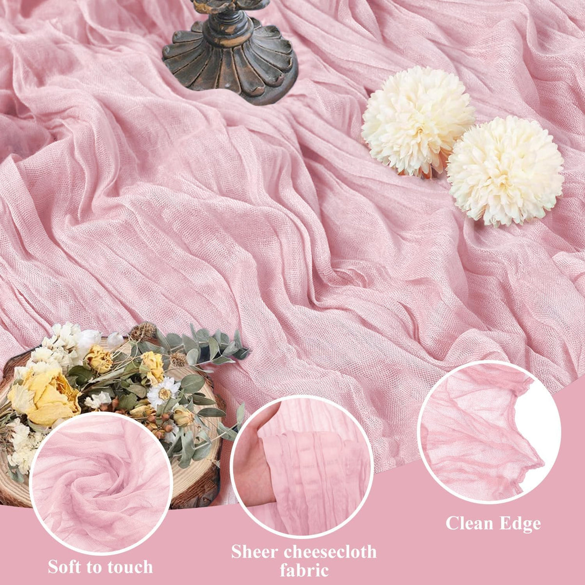 Asee'm 12pcs Cheesecloth Table Runner 120 Inches Blushing Pink Boho Gauze Cheese Cloth Runner 10FT