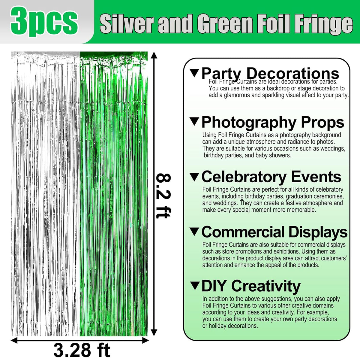 3 Pack Silver Green Foil Fringe Curtain Backdrop, 3.28Ft x 8.2Ft Metallic Tinsel Foil Fringe