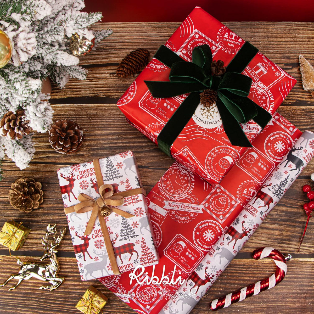 Ribbli Christmas Wrapping Paper Reversible Vintage Reindeer and Christmas Stamp Gift Wrapping Paper