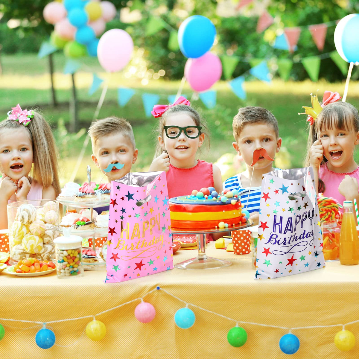PintreeLand Happy Birthday Party Favor Bags 40 PCS, Plastic Goodies Loot Gift Bags Bulk for Kids