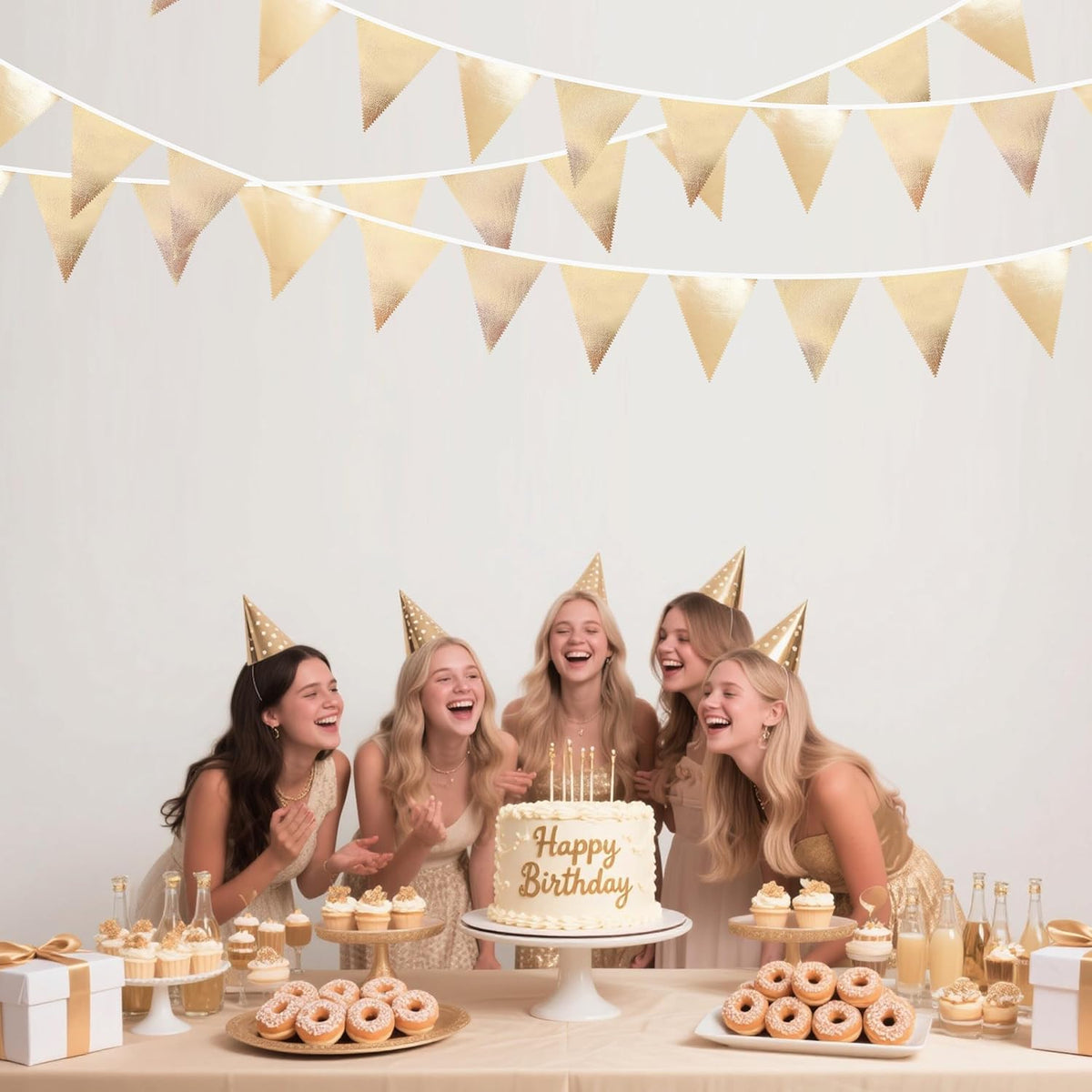 Champagne Gold Party Decoration Metallic Fabric Triangle Pennant Banner Flag Bunting Garland for