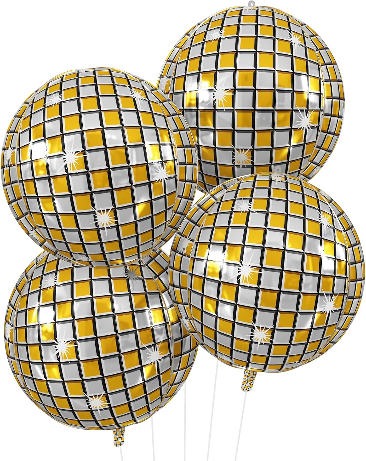 Disco Ball Balloons 4PC,Foil Disco Balloons 22 Inch 4D Round Metallic Gold Silver Balloon for 70s
