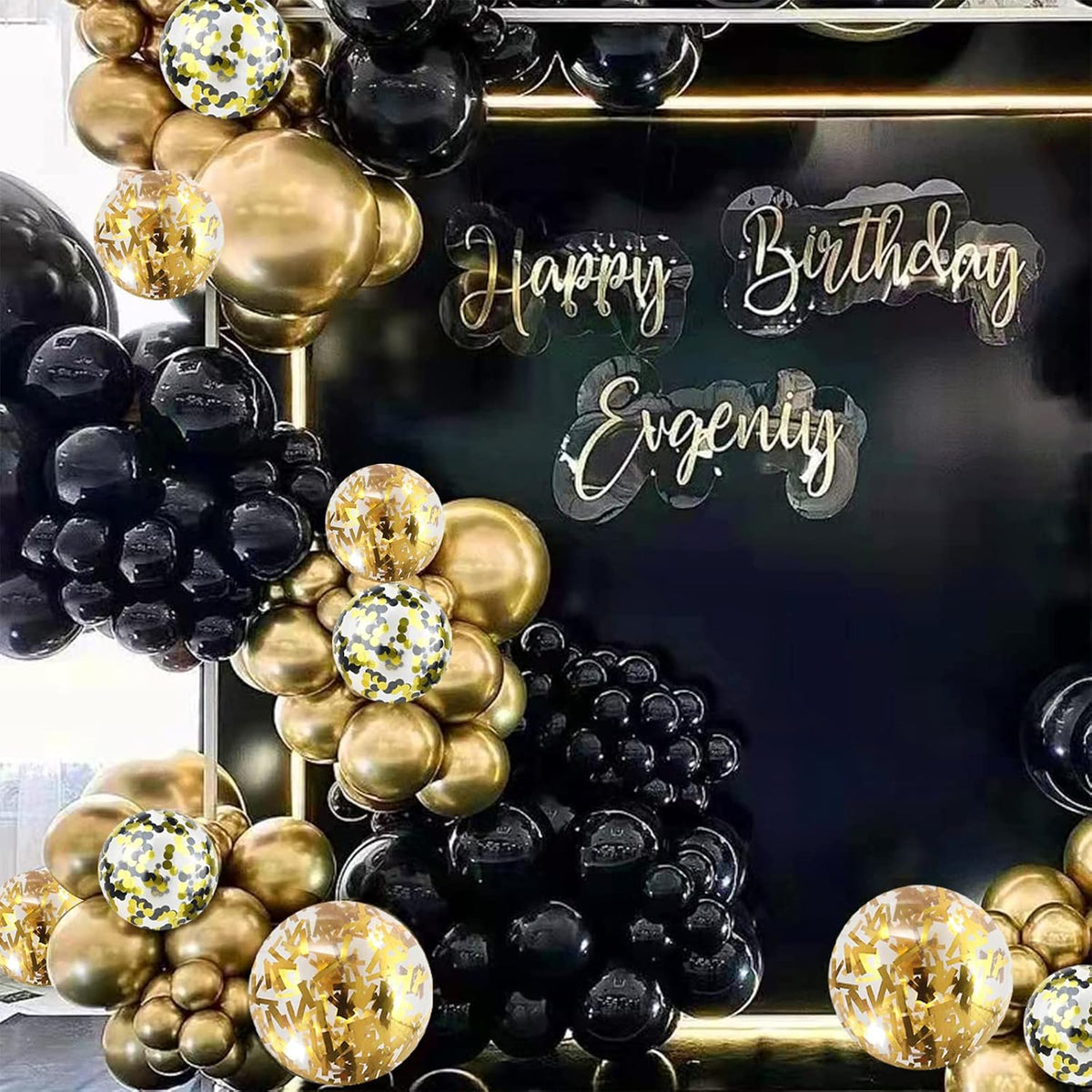 Balloons Black Gold, 60 Packs 12 Inch Black Metallic Chrome Gold Latex Balloons with Gold Confetti