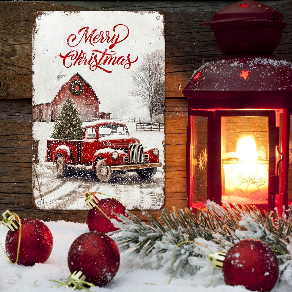 Vintage Christmas Red Truck Tin Sign Merry Christmas Truck Christmas Tree Metal Tin Sign Winter