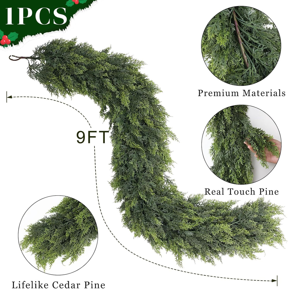 Real Touch Cedar Garland - Artificial Christmas Garlands Faux Green Cedar Fake Pine Needles Garland
