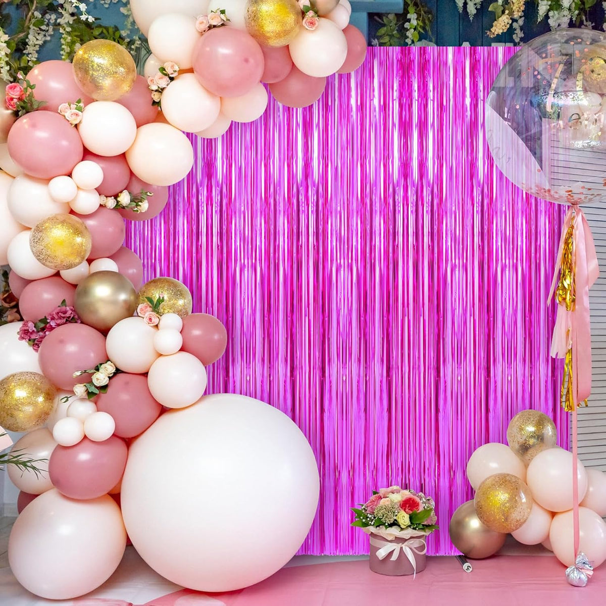 2 Pack Hot Pink Foil Fringe Curtains Streamers Party Decorations 3.3 x 8.2 ft, Tinsel Curtain