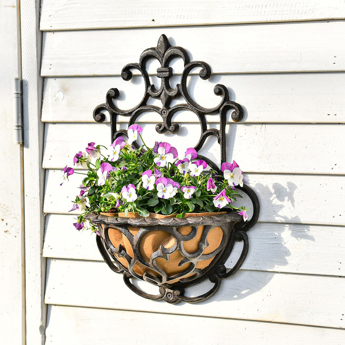 Sungmor 2 Pack Wall Hanging Planter Basket with Fabric Liner, Antique Victoria Style Cast Iron Wall
