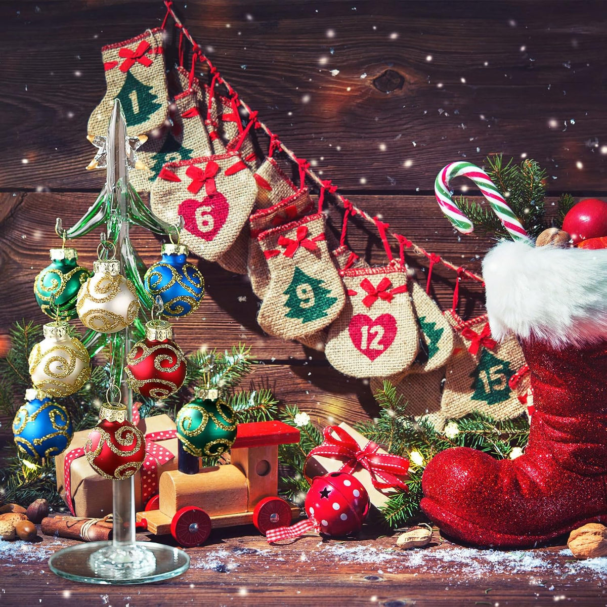 Glass Christmas Tree with 12 Ornament Glitter Balls Tabletop Wine Glass Charms Miniature Christmas