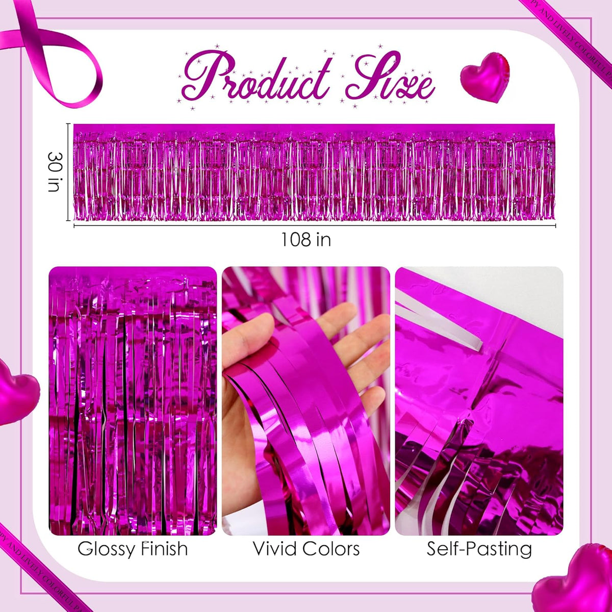 2 Pack Rose Red Table Skirts, 29x108" Metallic Foil Tinsel Fringe Table Skirts for Rectangle Tables