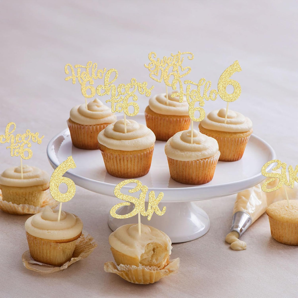 30Pcs 6th Birthday Cupcake Toppers Glitter Six Hello 6 Cupcake Picks Cheers to 6 Years Old Cake
