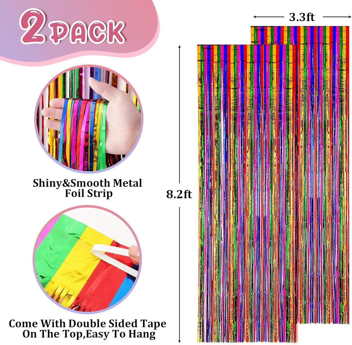 2 Pack 3.3x8.2 Feet Rainbow Foil Fringe Backdrop Curtains, Tinsel Streamers Birthday Party