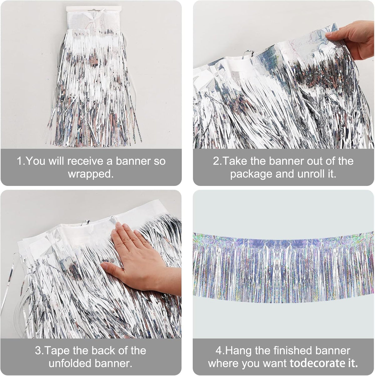 BEISHIDA 3 Packs 30 Feet Metallic Foil Fringe Garland Tinsel Streamers，Laser Silver Wall Hanging
