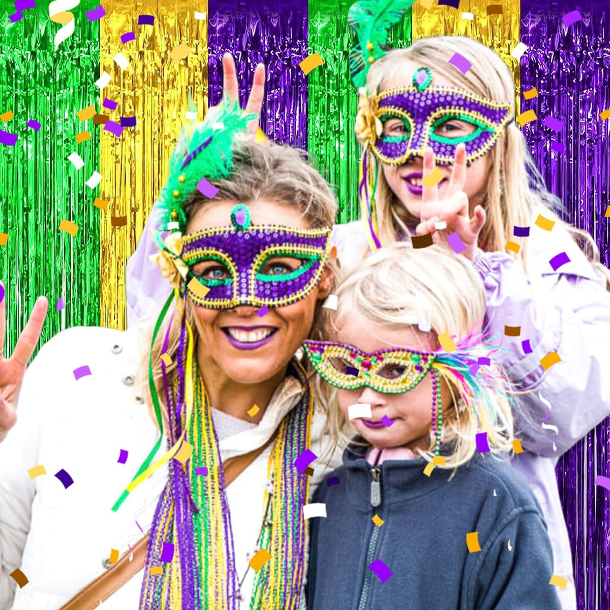 3 Pack Gold Green Purple Foil Fringe Curtain Backdrop, 3.28Ft x 8.2Ft Metallic Tinsel Foil Fringe