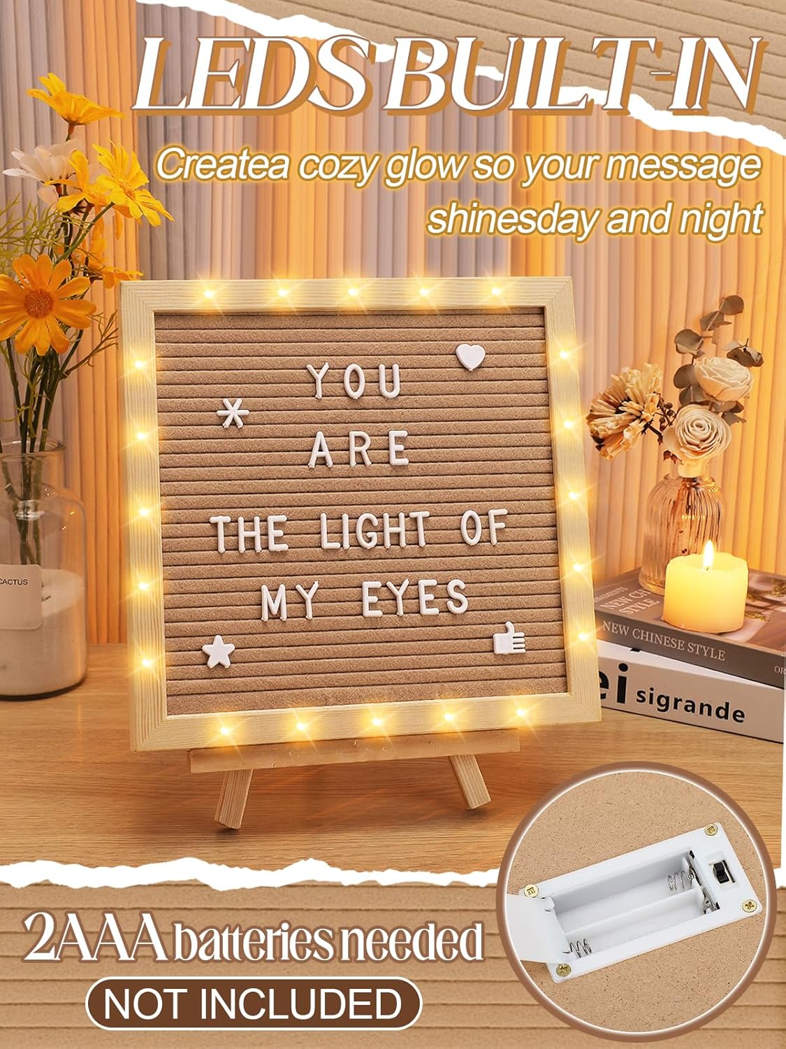 Light up Changeable Felt Letter Board Sign with LED Lights - 10×10" Message Board & Wood Stand &