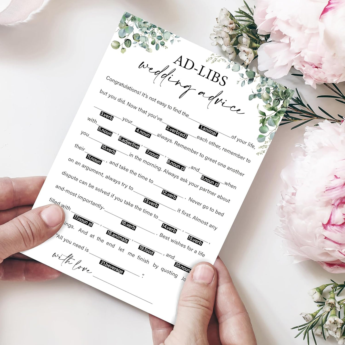 Eucalyptus Bridal Shower Game Cards - Ad-libs Wedding Advice and Wishes for The Mr and Mrs