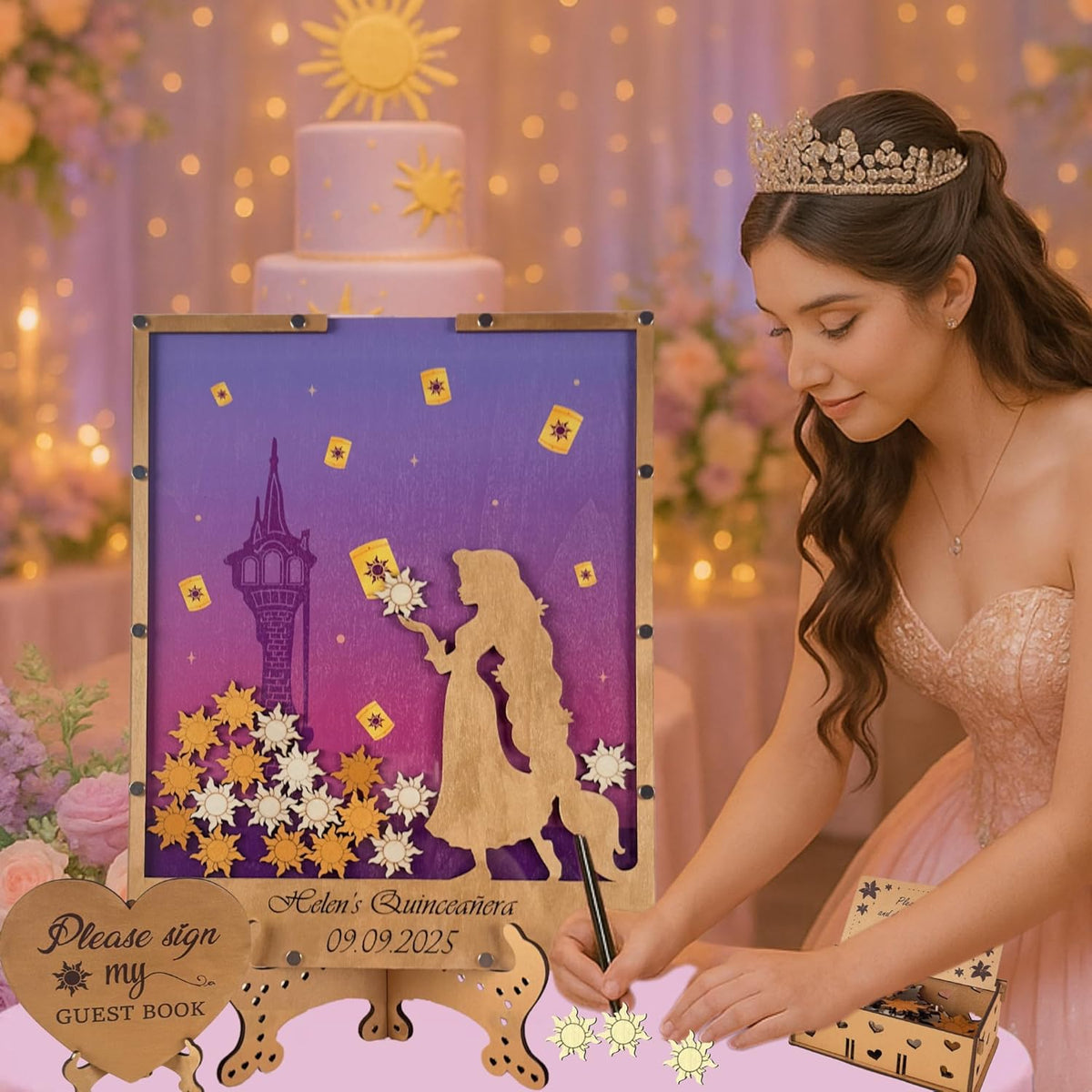 Princess Guest Book Alternative | Quinceañera Sweet XV Wooden Dropbox Frame with Lantern Tokens |